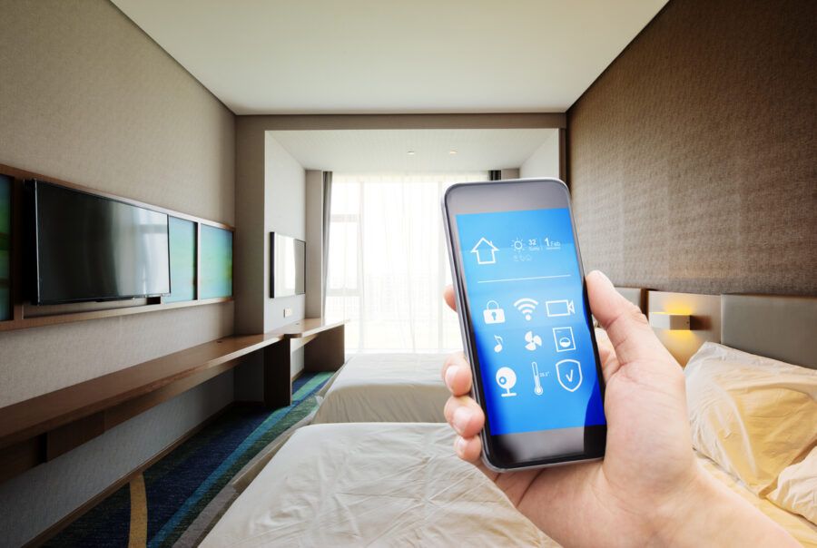smart phone with smart home in modern bedroom